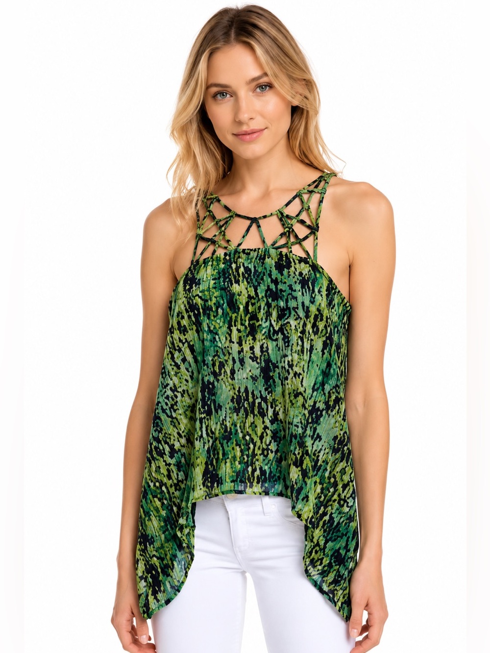 BCBGMAXAZRIA Bakar 100% Silk Cage Strap Tank Top MEDIUM Green Abstract Print
